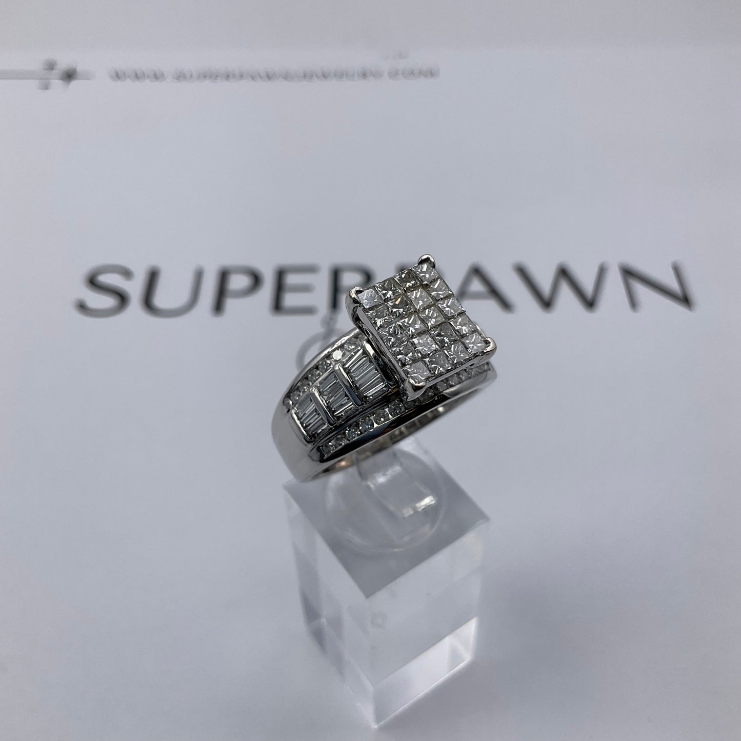 10K White Gold Diamond Cluster Ring with Princess, Baguette & Round Diamonds – Size 11
