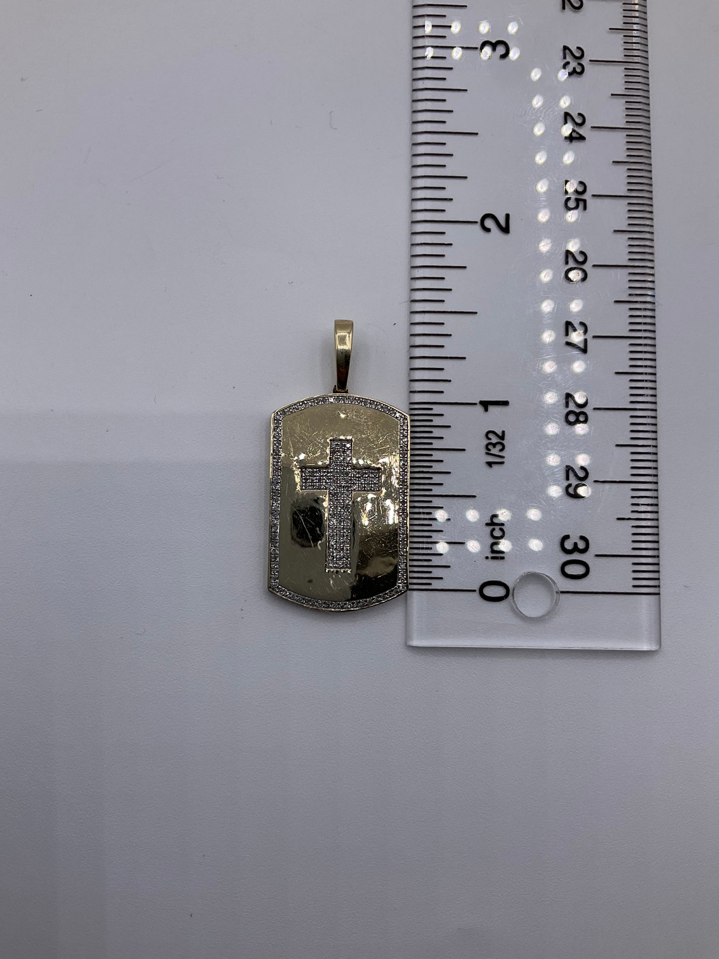 10K Yellow Gold Diamond Cross Dog Tag Pendant 4.6g