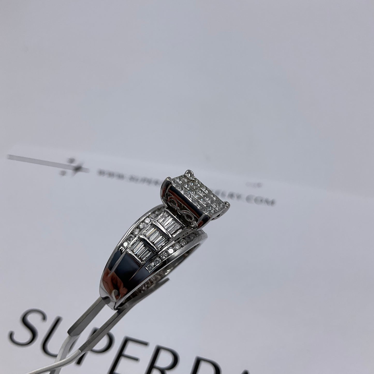 10K White Gold Diamond Cluster Ring with Princess, Baguette & Round Diamonds – Size 11