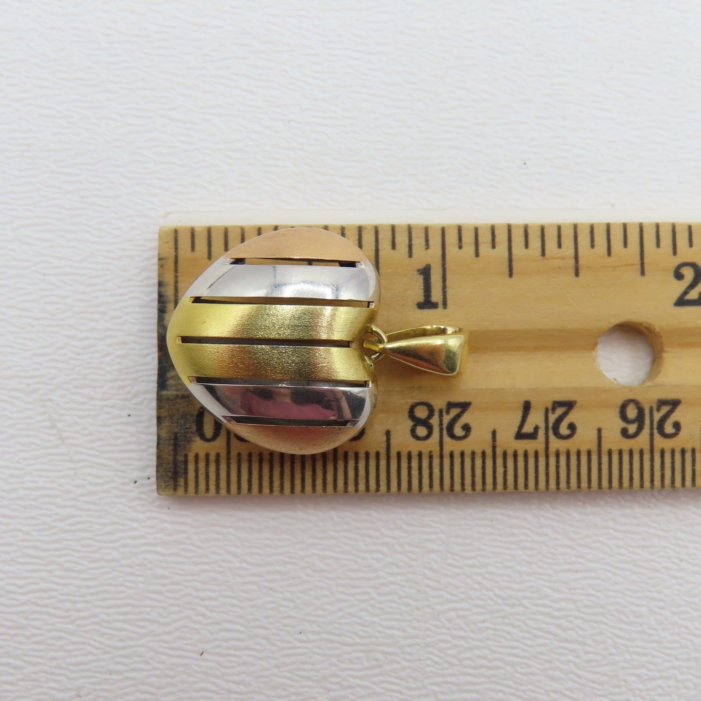 18K Tri-Tone Gold Hollow Heart Pendant 1" 4.2g