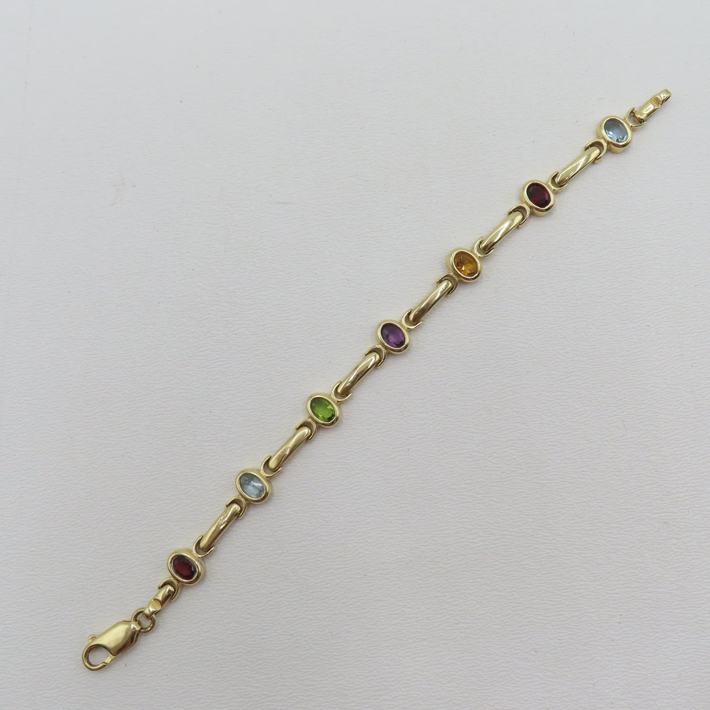 14K Yellow Gold Multicolor Gem Stone Bar Link Bracelet 8.9mm 7" 15.5g