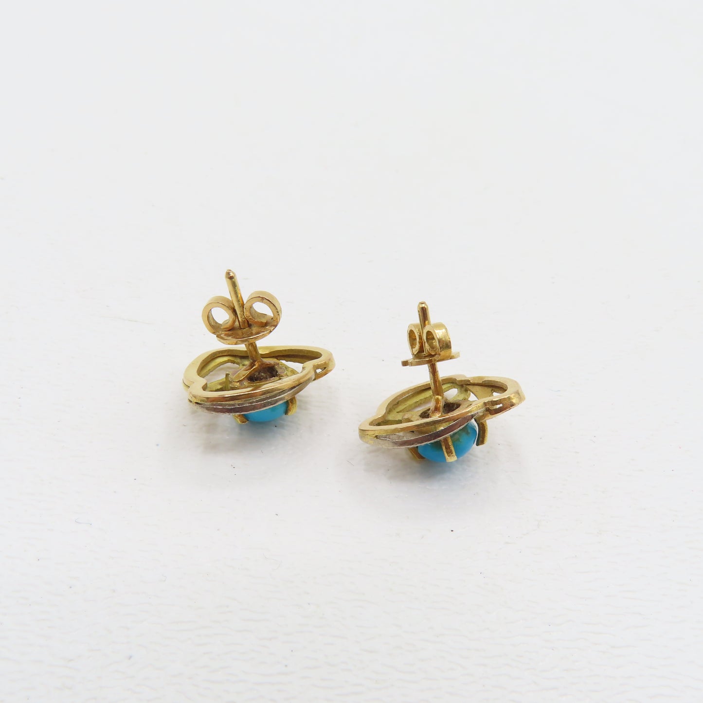 18K Gold Round Turquoise Stud Earrings 5.2g