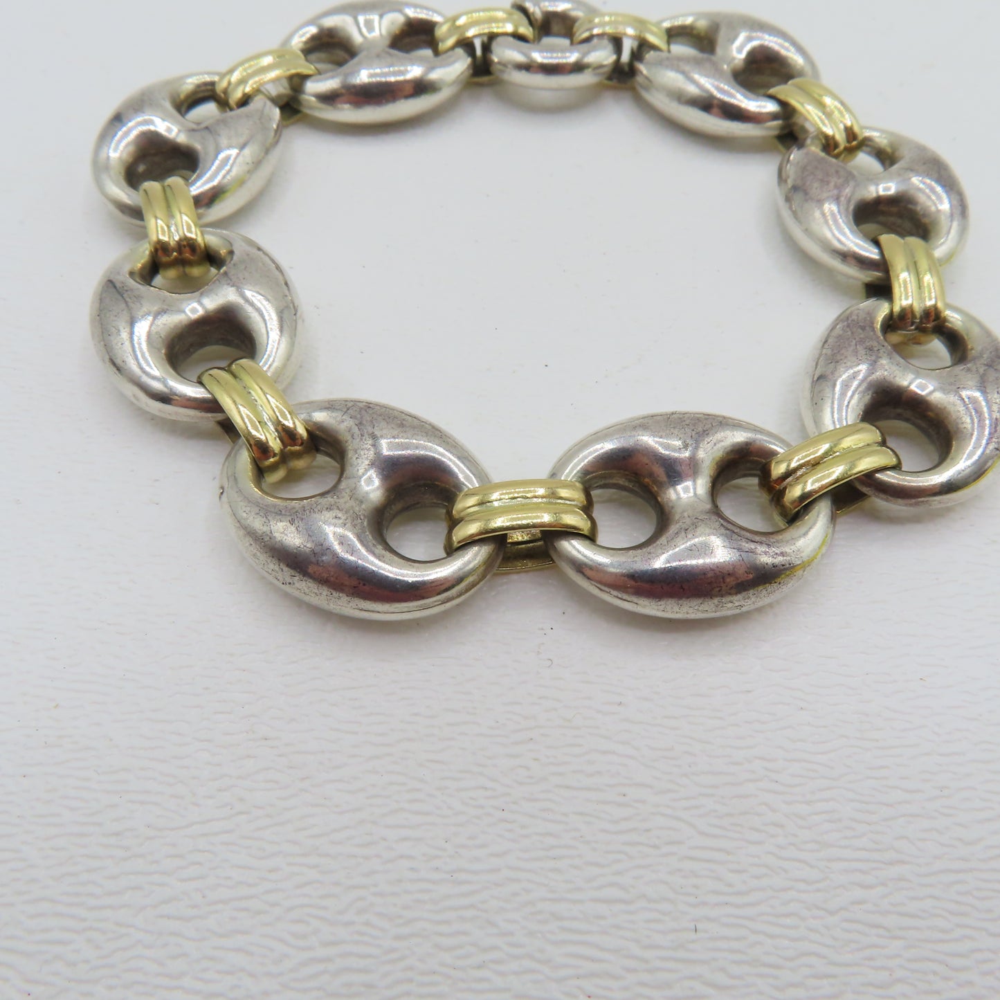 Sterling Silver & 18K Yellow Gold Puffy Mariner Link Bracelet 7-1/4" 26.5g