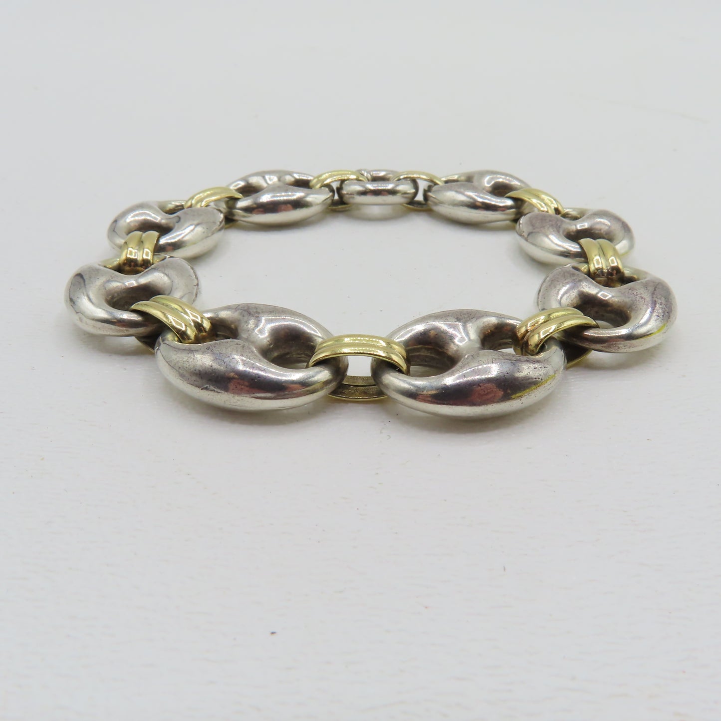 Sterling Silver & 18K Yellow Gold Puffy Mariner Link Bracelet 7-1/4" 26.5g