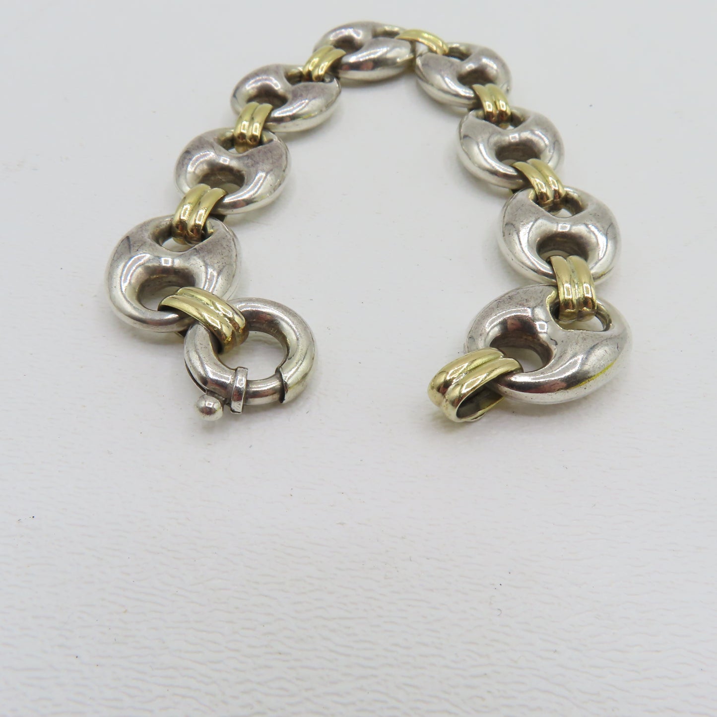 Sterling Silver & 18K Yellow Gold Puffy Mariner Link Bracelet 7-1/4" 26.5g