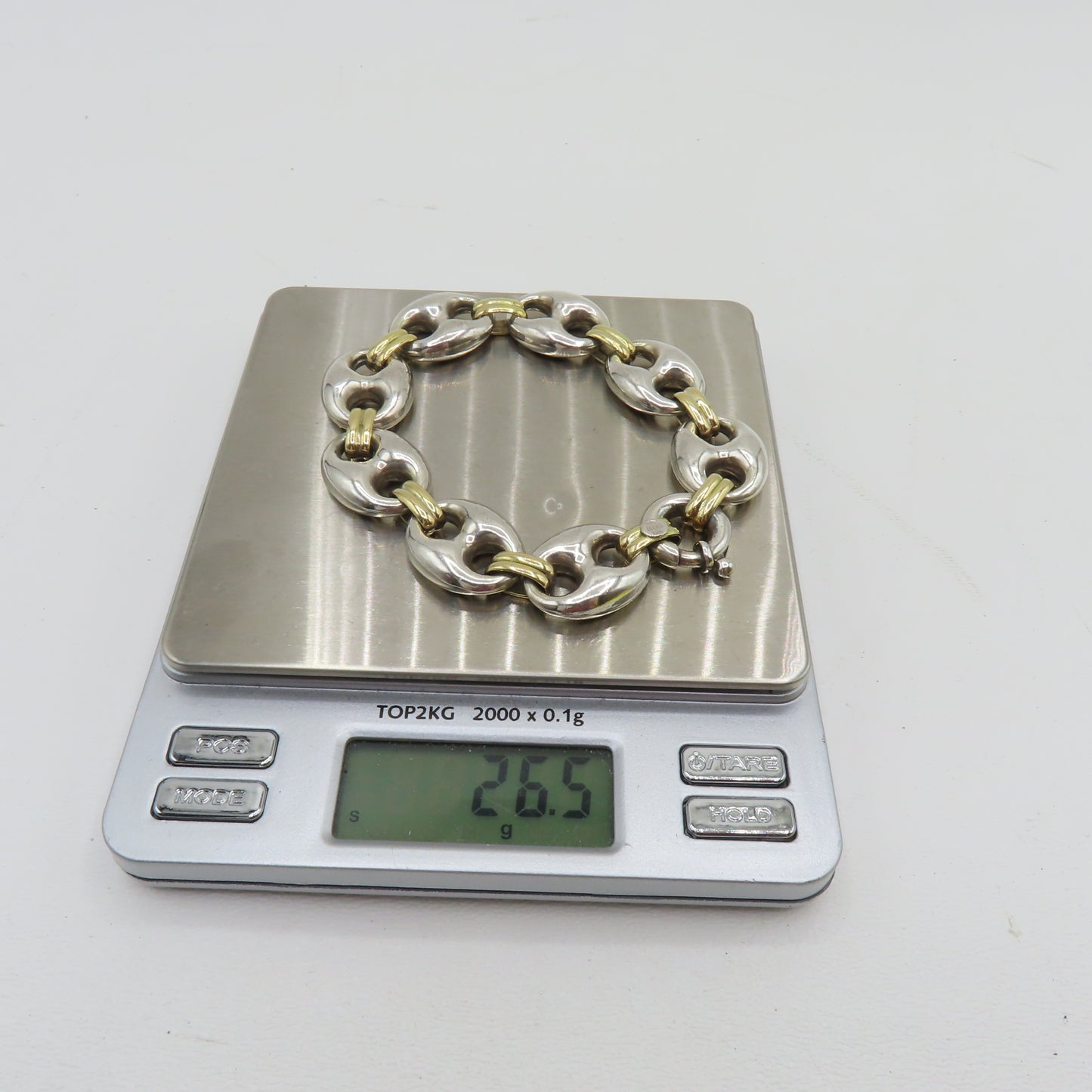 Sterling Silver & 18K Yellow Gold Puffy Mariner Link Bracelet 7-1/4" 26.5g