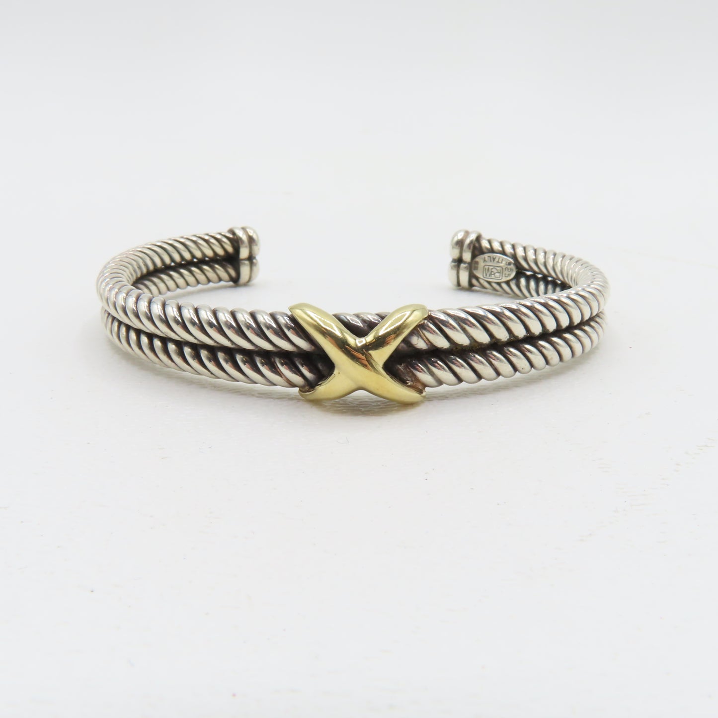 RdM Italy Sterling Silver & 18K Gold X Double Cable Cuff Bracelet 8.5mm 6-3/4" 20.7g