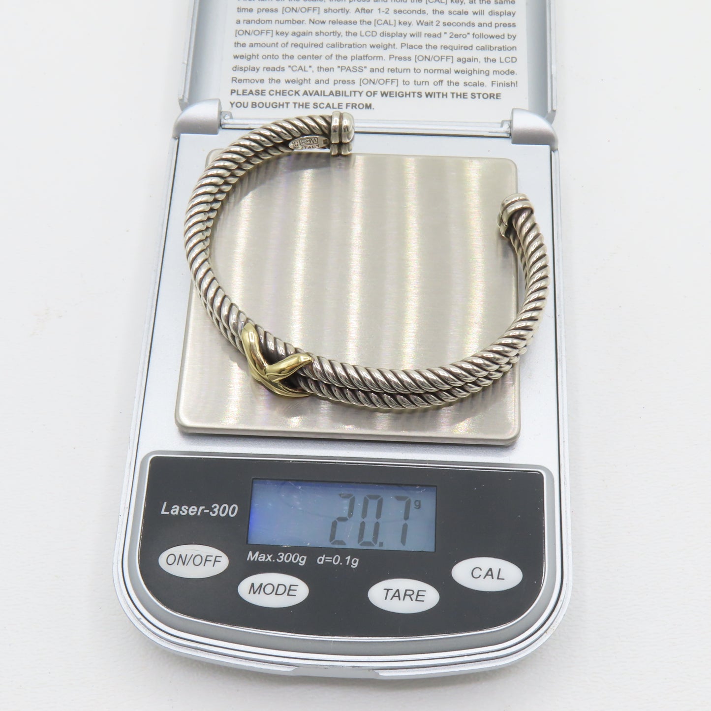 RdM Italy Sterling Silver & 18K Gold X Double Cable Cuff Bracelet 8.5mm 6-3/4" 20.7g