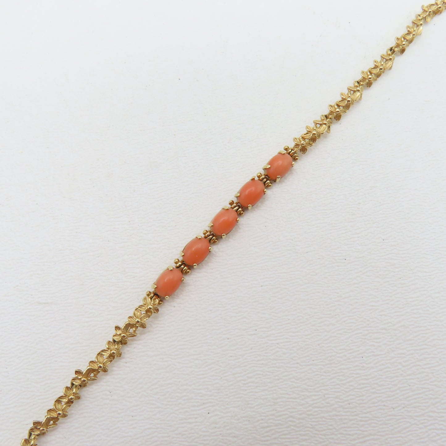 14K Yellow Gold Coral Flower Link Bracelet 7" 7.1g