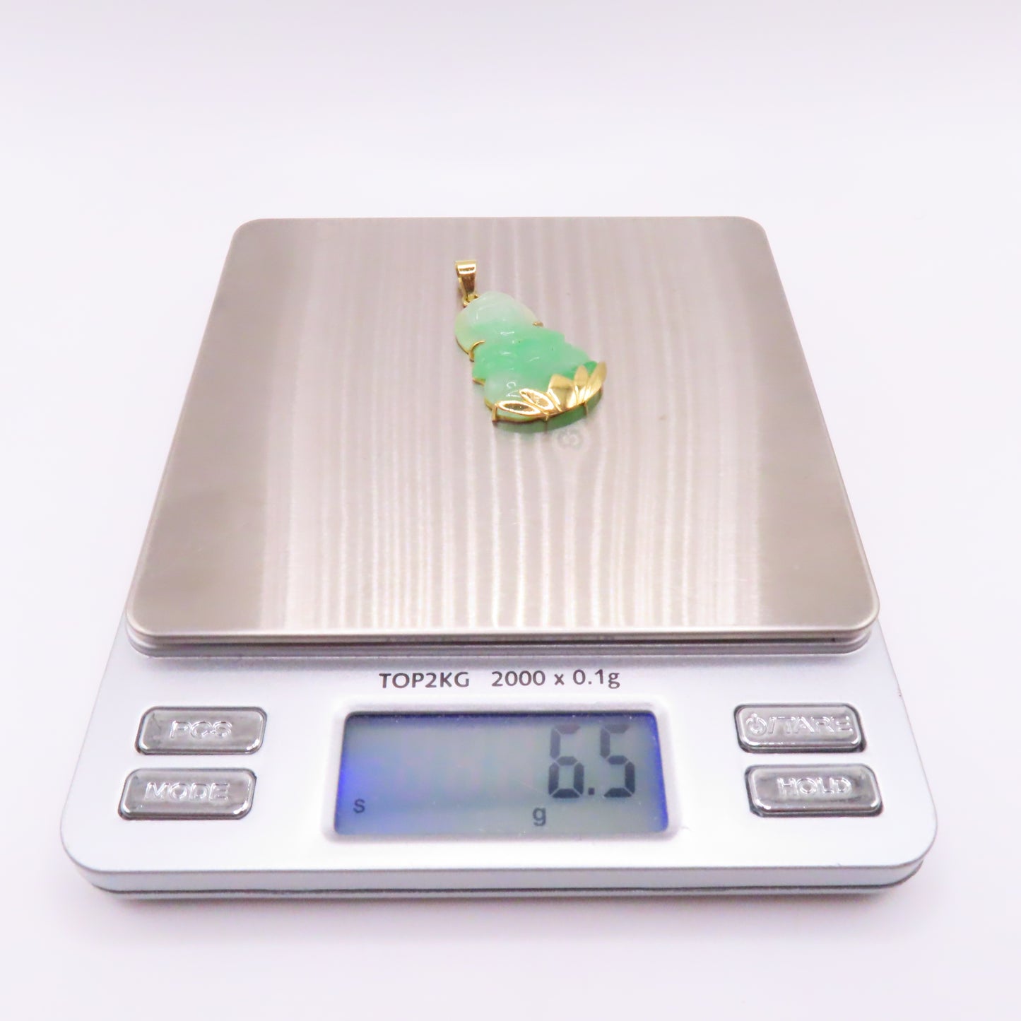 18K Yellow Gold Green Jade Carved Guan Yin Buddah Lotus Pendant 1-1/2" 6.5g