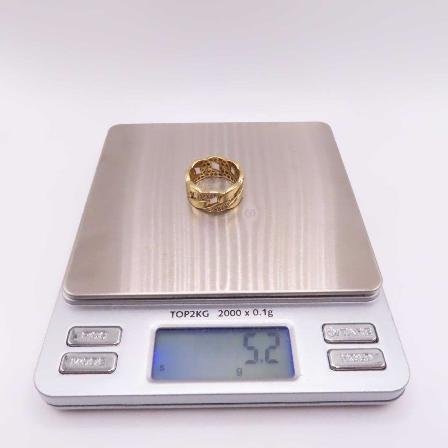 18K Yellow Gold Cuban Link Pavé CZ Band Ring Size 7.75 5.2g