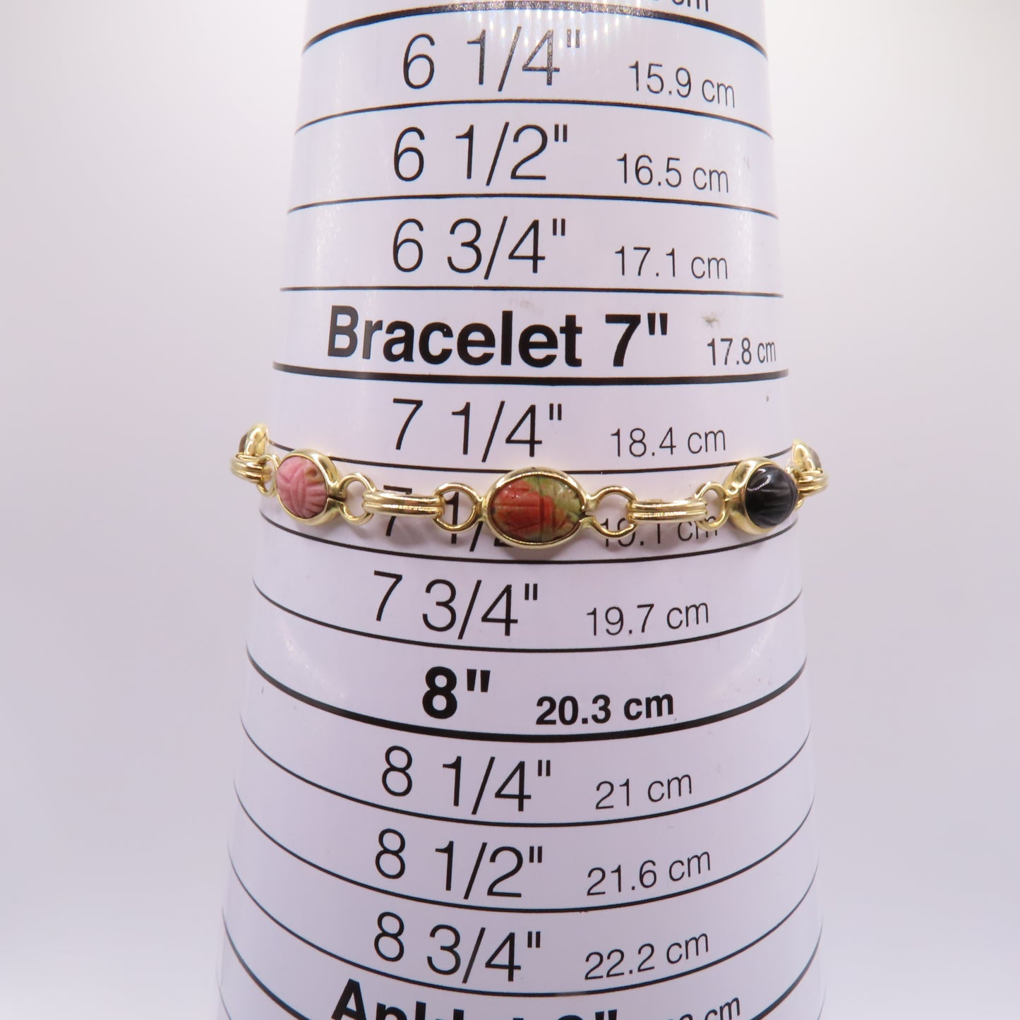 14K Yellow Gold Multi-Color Carved Scarab Beetle Gemstone Bracelet 7.5" 7.5g