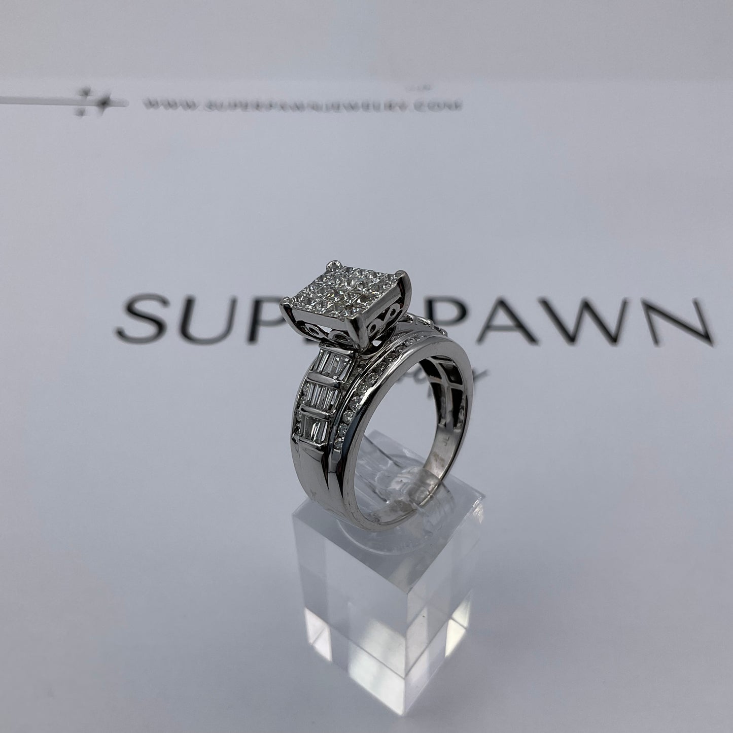 10K White Gold Diamond Cluster Ring with Princess, Baguette & Round Diamonds – Size 11