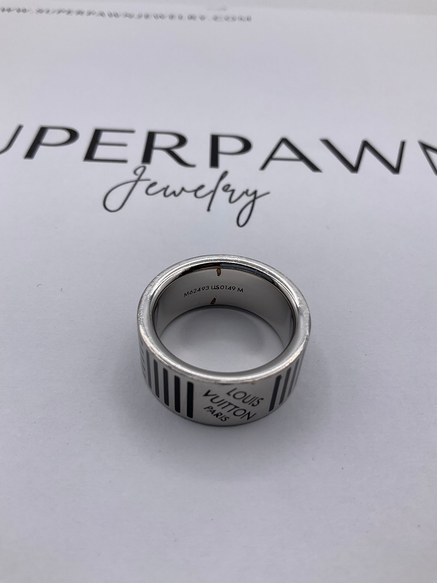 Louis Vuitton M62493 10mm Silver Ring – Black Engraving – Size 9