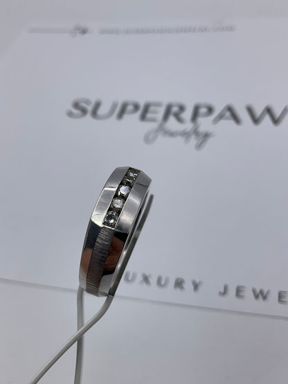 14K White Gold Men’s Ring with Flush-Mounted Diamonds – Polished & Brushed Finish – Size 10