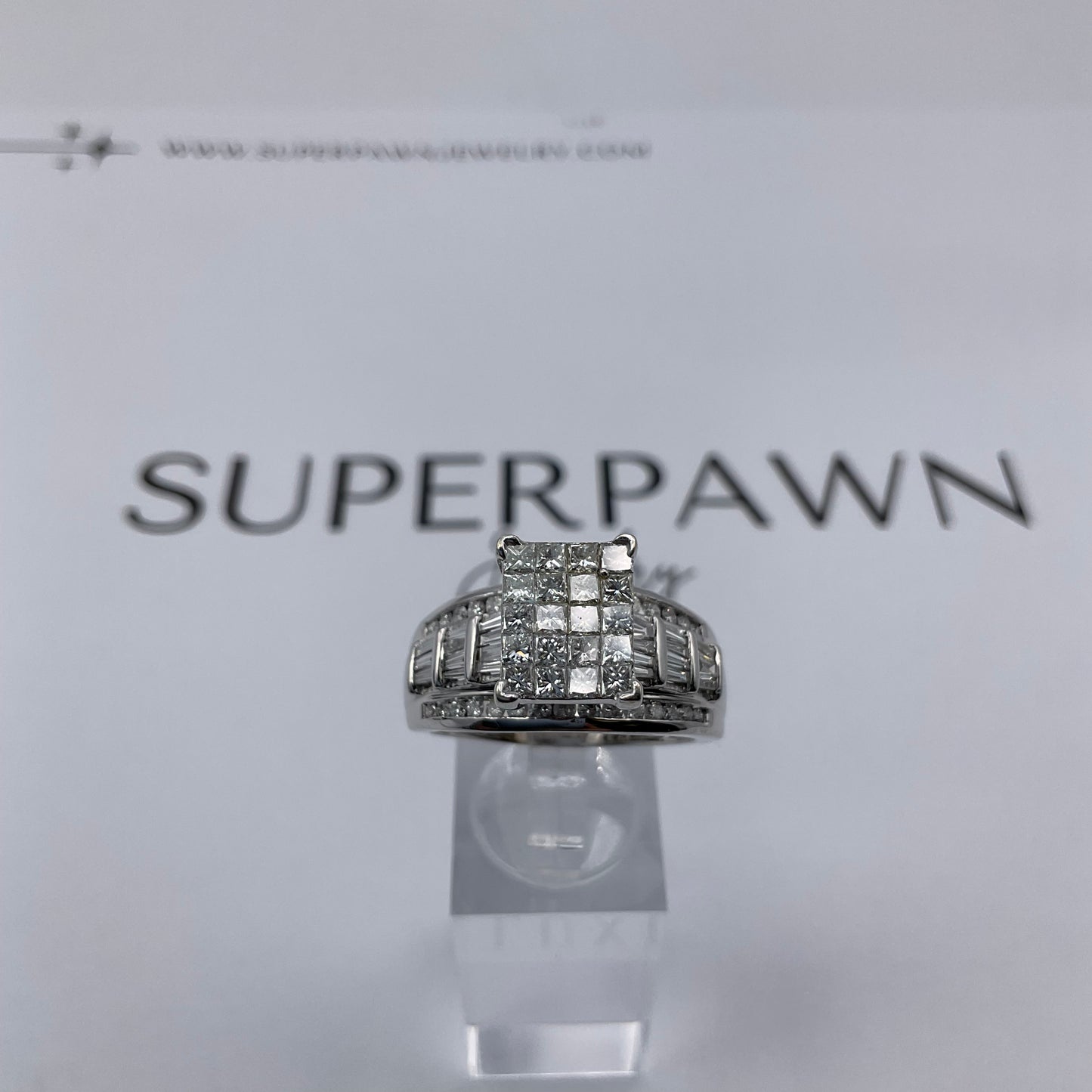 10K White Gold Diamond Cluster Ring with Princess, Baguette & Round Diamonds – Size 11