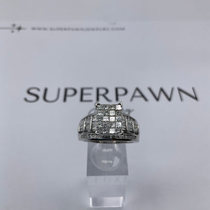 10K White Gold Diamond Cluster Ring with Princess, Baguette & Round Diamonds – Size 11