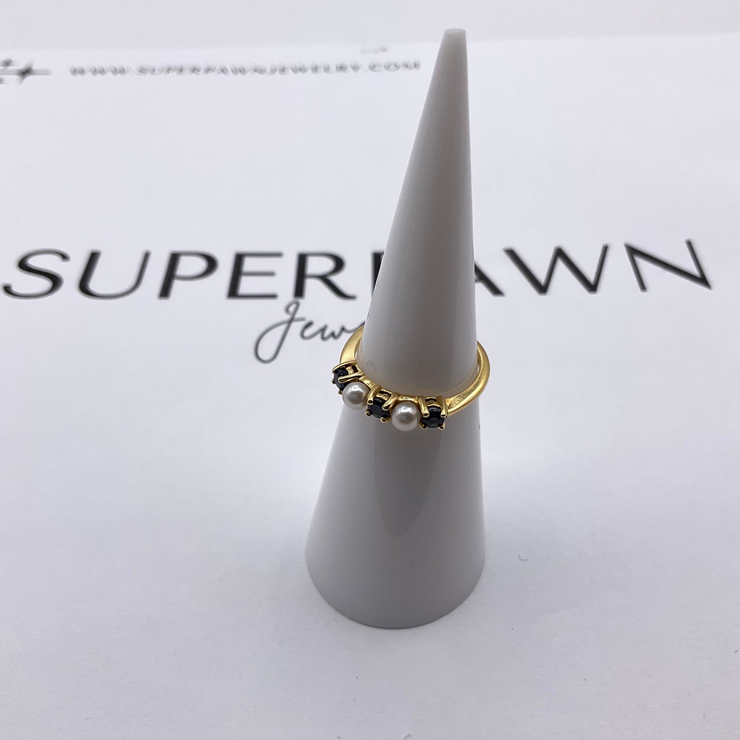: Tiffany & Co. 18K Yellow Gold Pearl and Ruby Stacker Ring – Size 4.5