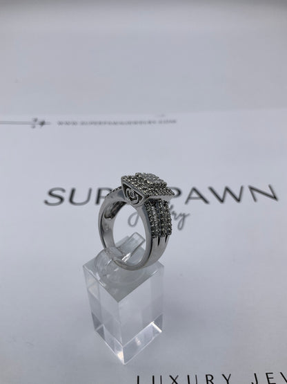 10K White Gold Diamond Cluster Ring with Princess Cut & Baguettes – Size 9.5 – 10g