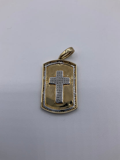 10K Yellow Gold Diamond Cross Dog Tag Pendant 4.6g