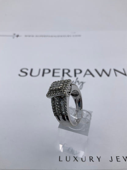 10K White Gold Diamond Cluster Ring with Princess Cut & Baguettes – Size 9.5 – 10g
