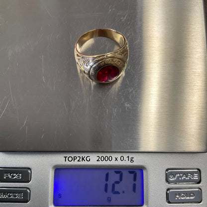 Vintage 10K Yellow Gold 5ct Red Oval Gemstone State College Class Ring