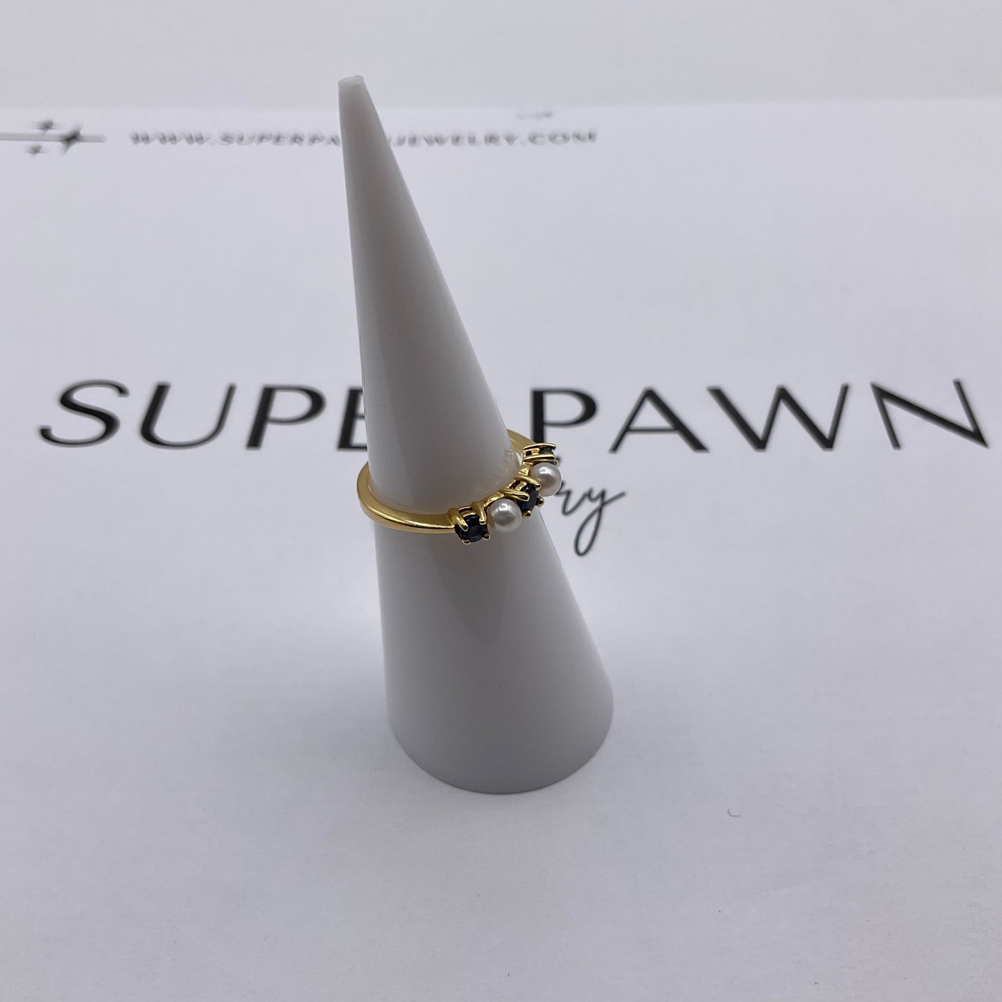 : Tiffany & Co. 18K Yellow Gold Pearl and Ruby Stacker Ring – Size 4.5