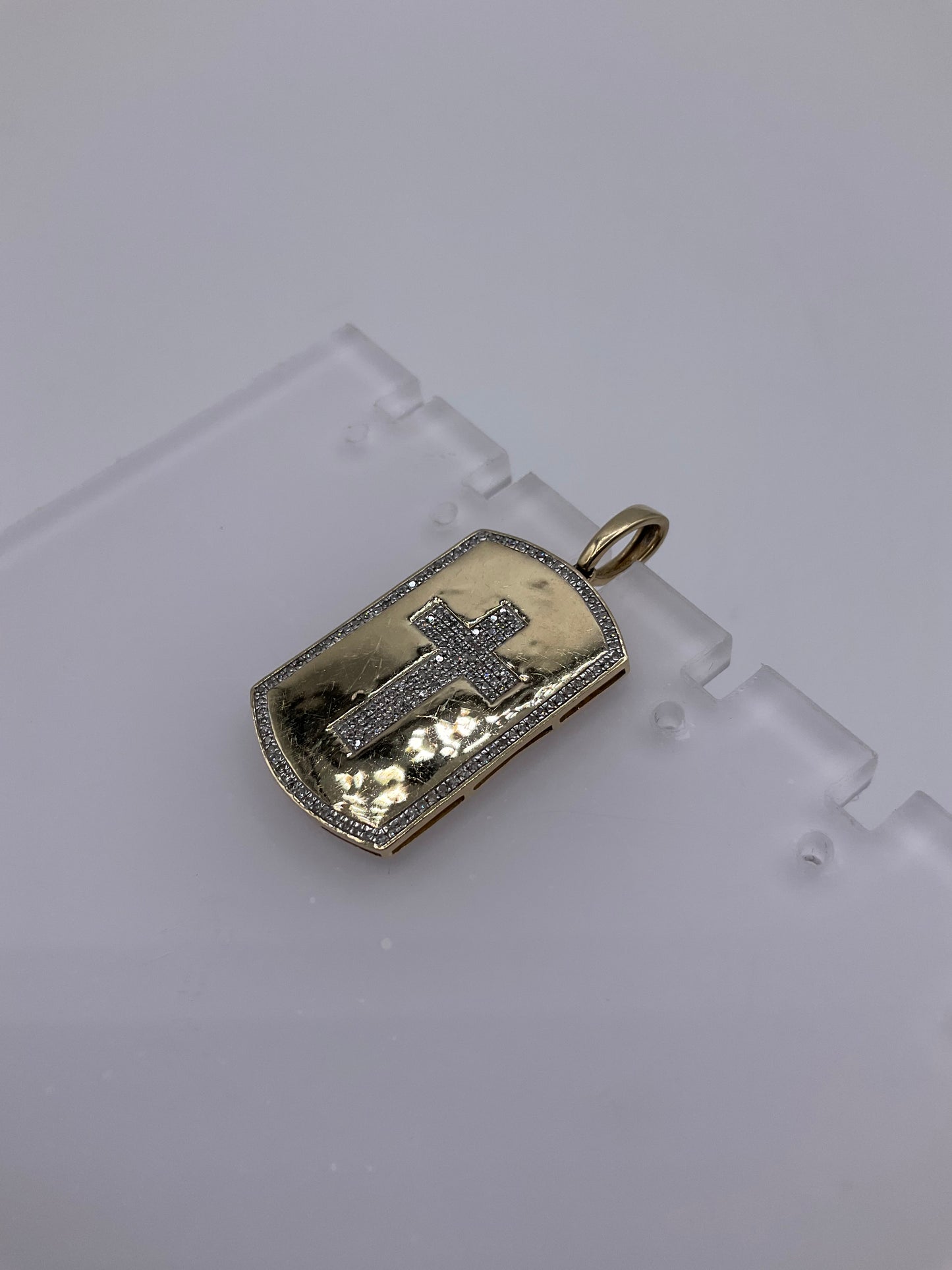 10K Yellow Gold Diamond Cross Dog Tag Pendant 4.6g
