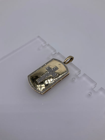 10K Yellow Gold Diamond Cross Dog Tag Pendant 4.6g