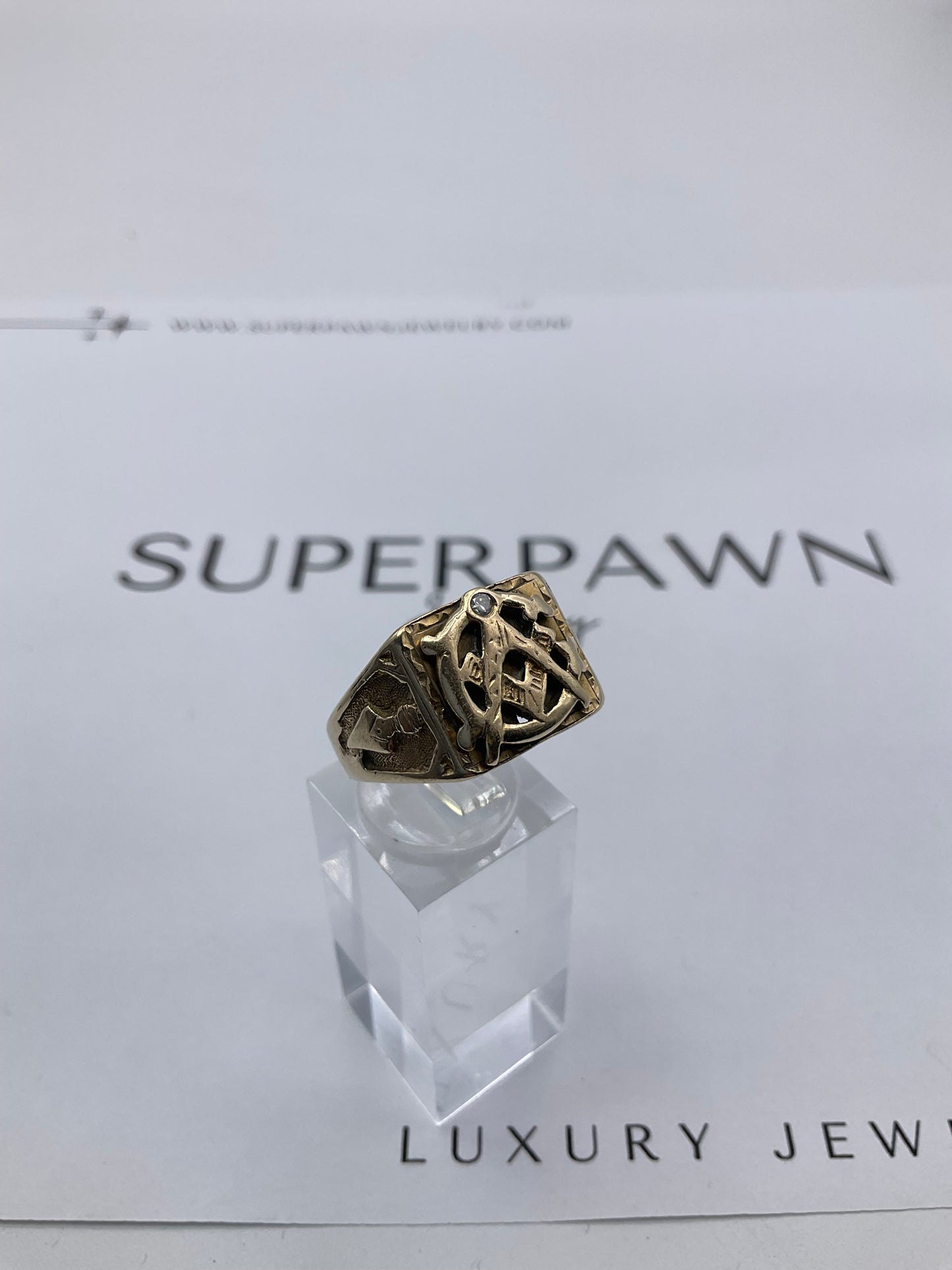 10K Yellow Gold Masonic Compass Ring with Diamond – Size 9.5 – 7.1g