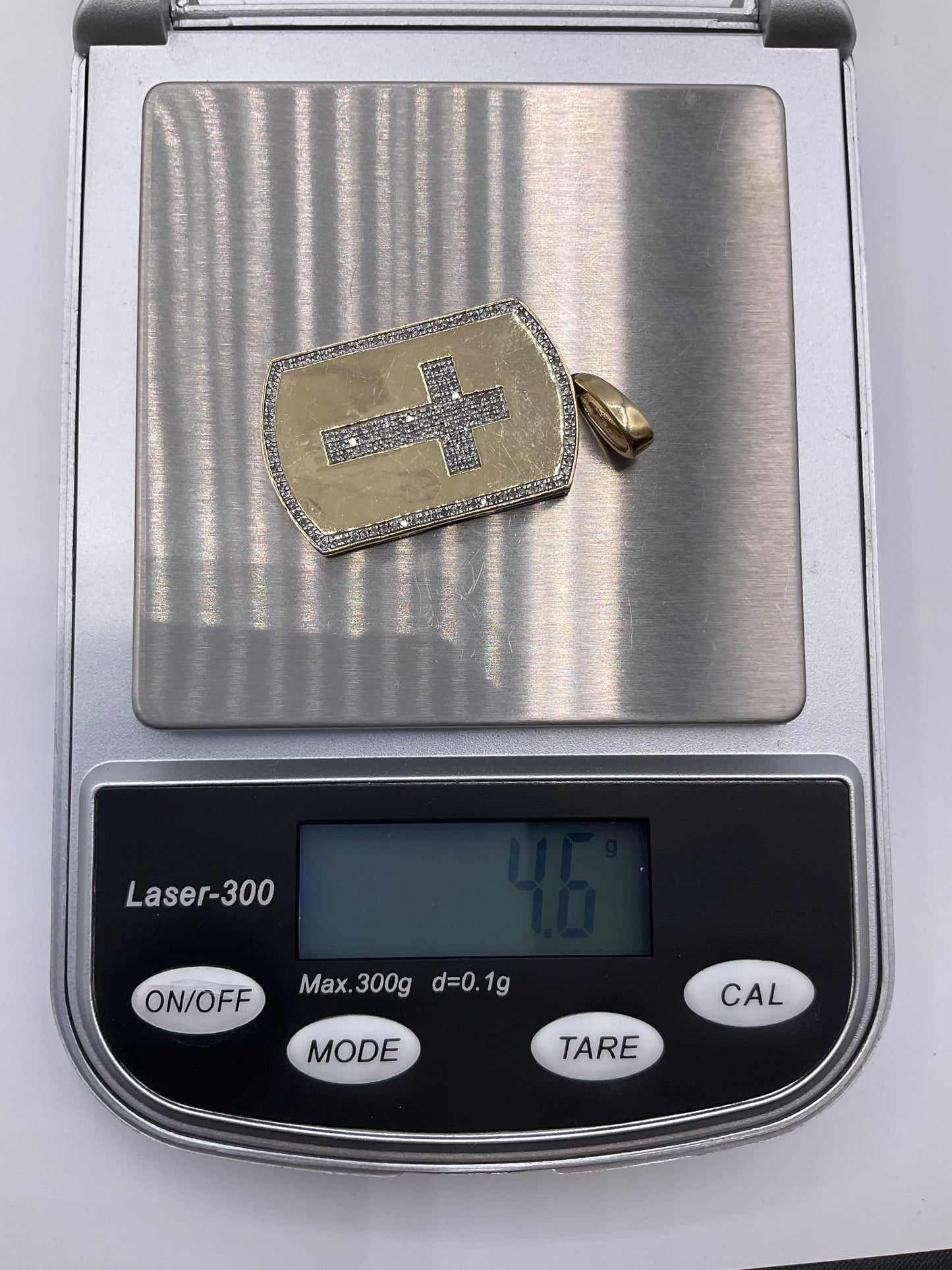 10K Yellow Gold Diamond Cross Dog Tag Pendant 4.6g