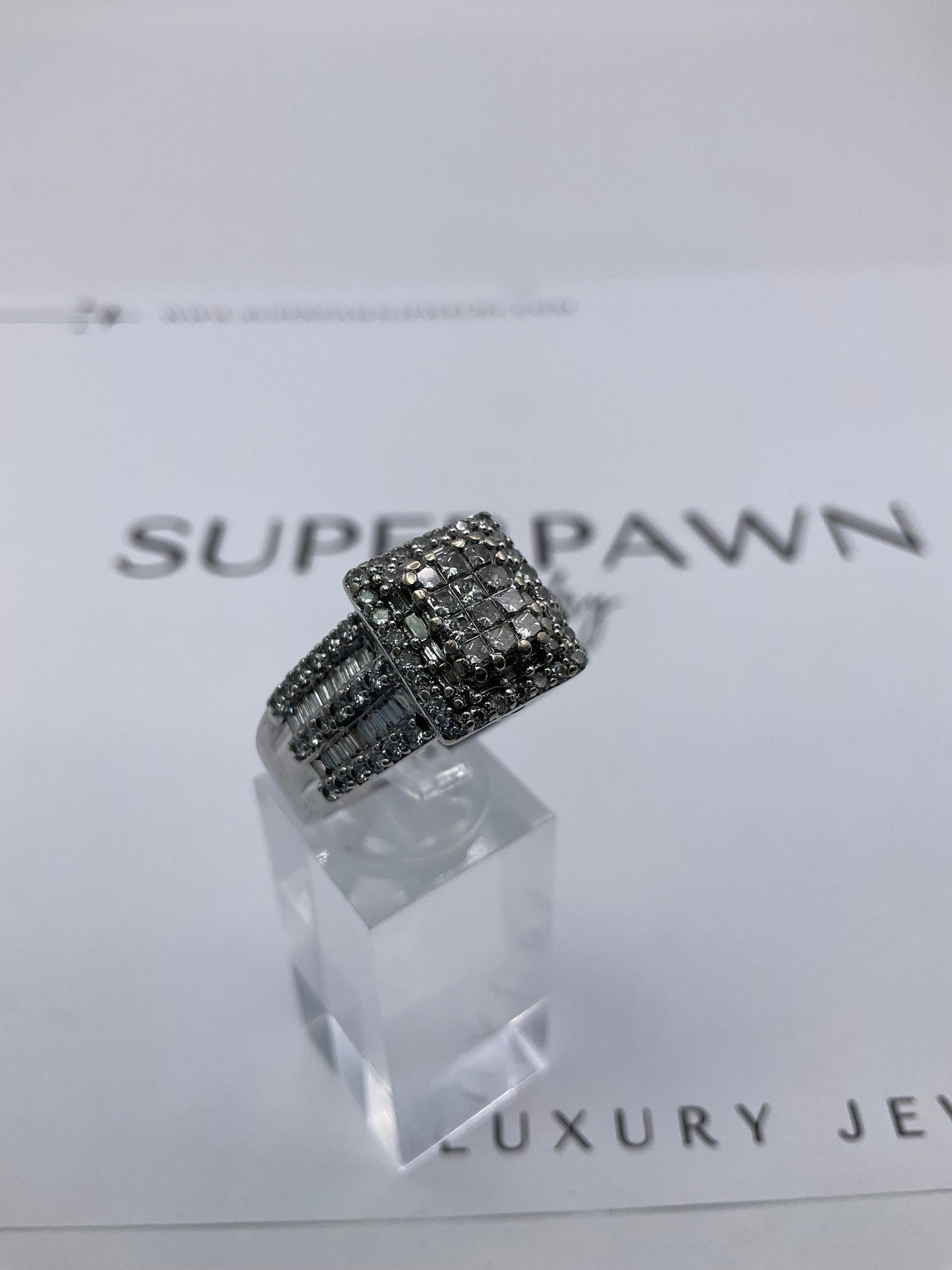 10K White Gold Diamond Cluster Ring with Princess Cut & Baguettes – Size 9.5 – 10g