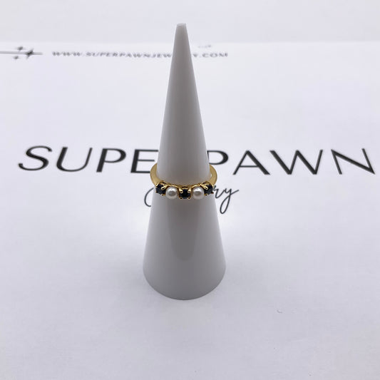 : Tiffany & Co. 18K Yellow Gold Pearl and Ruby Stacker Ring – Size 4.5