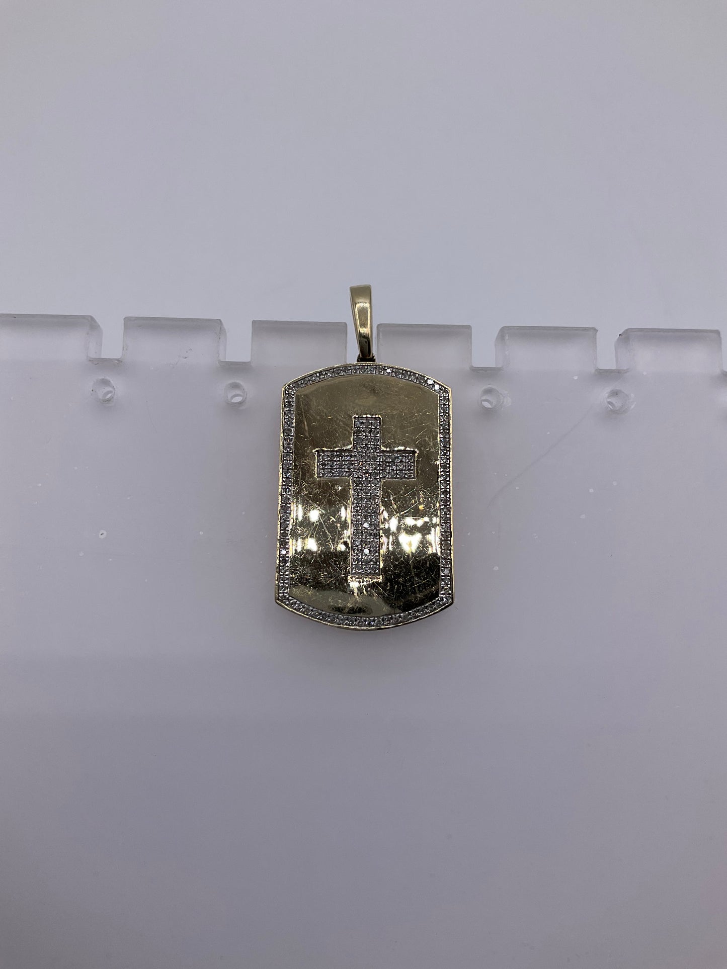 10K Yellow Gold Diamond Cross Dog Tag Pendant 4.6g