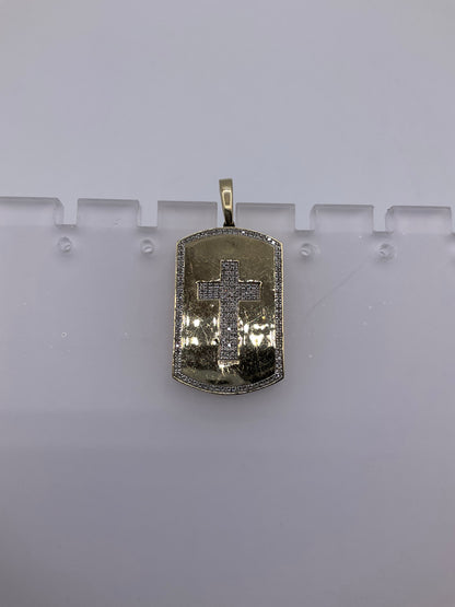 10K Yellow Gold Diamond Cross Dog Tag Pendant 4.6g