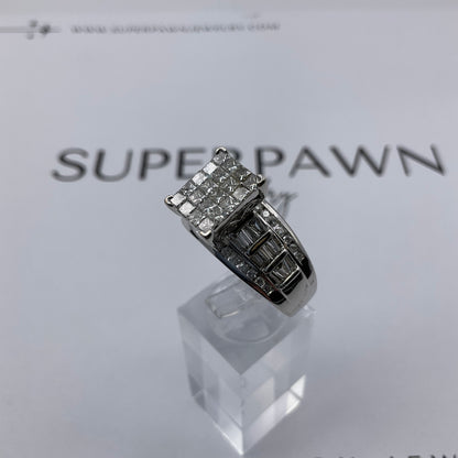 10K White Gold Diamond Cluster Ring with Princess, Baguette & Round Diamonds – Size 11