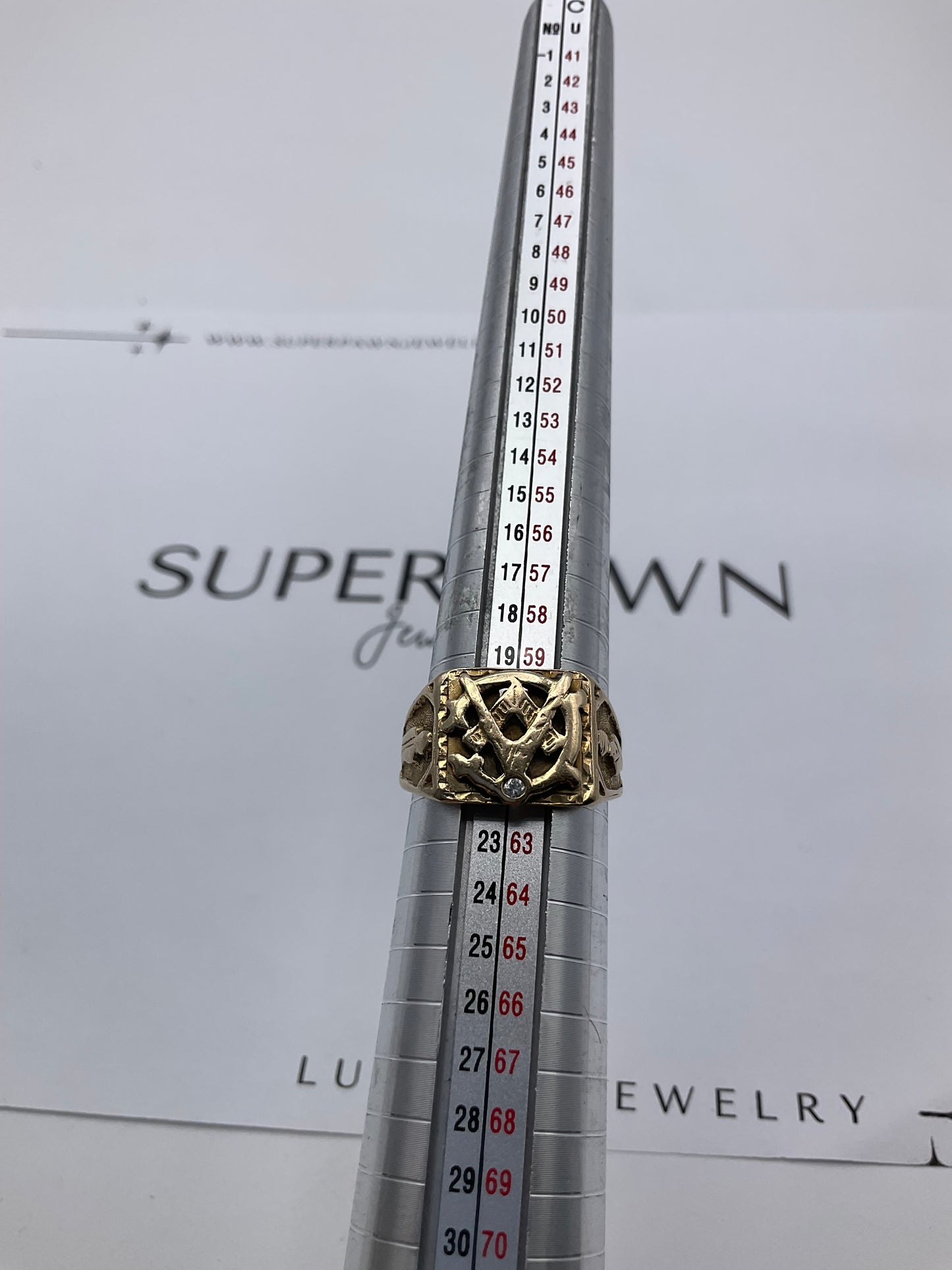 10K Yellow Gold Masonic Compass Ring with Diamond – Size 9.5 – 7.1g