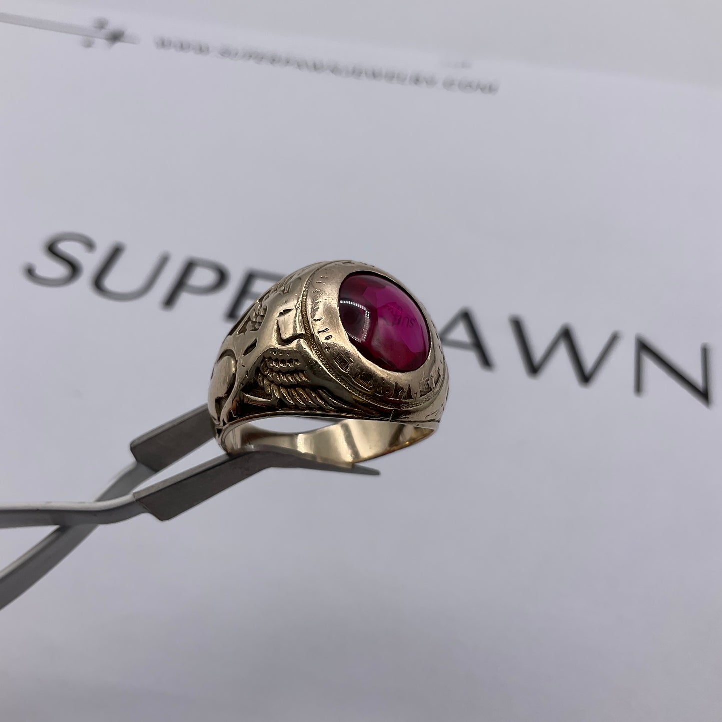 Vintage 10K Yellow Gold 5ct Red Oval Gemstone State College Class Ring
