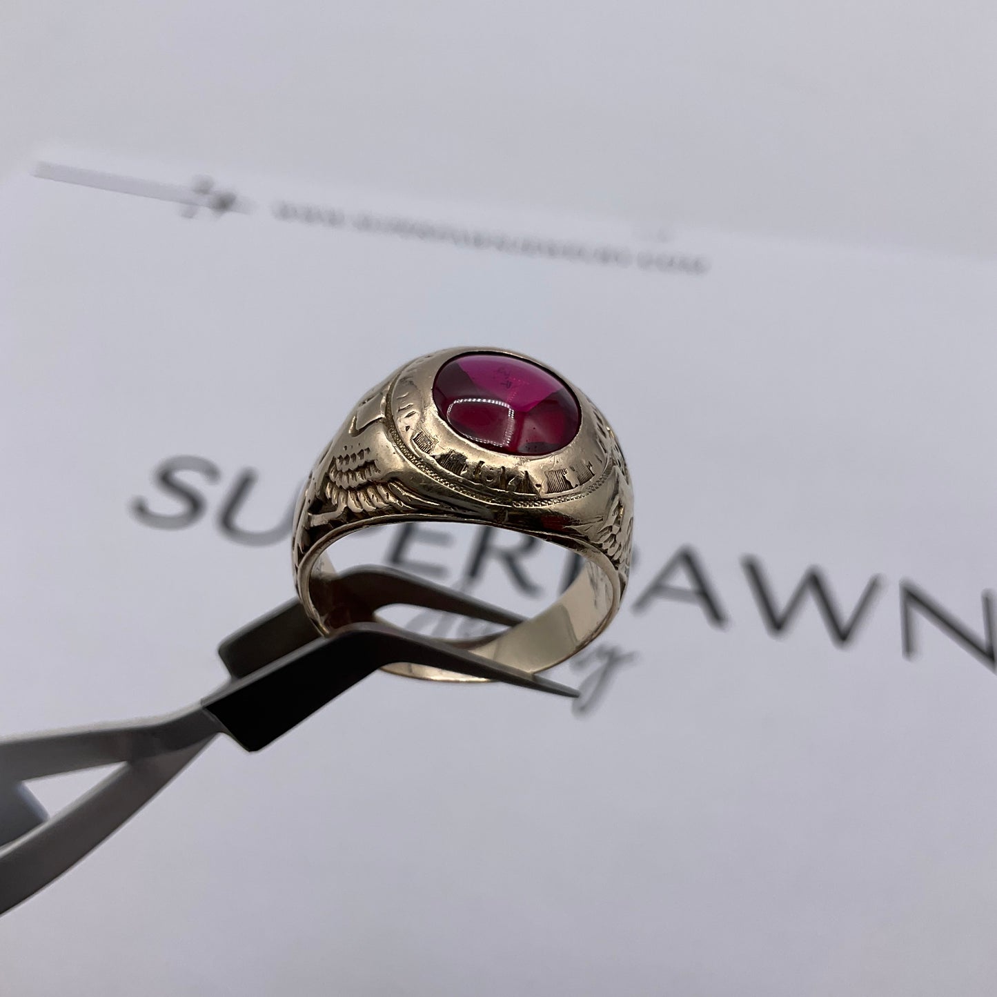 Vintage 10K Yellow Gold 5ct Red Oval Gemstone State College Class Ring
