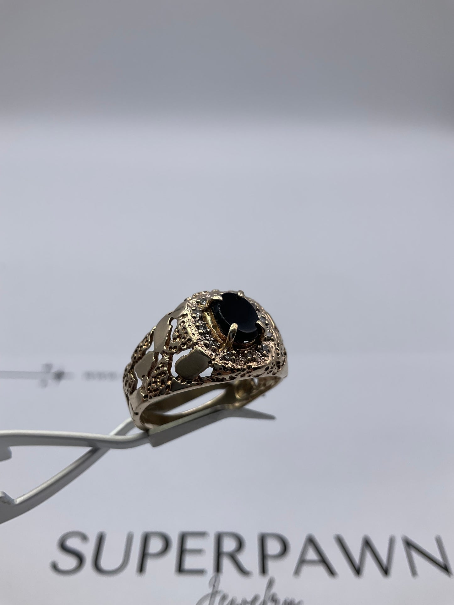 10K Yellow Gold Black Onyx & Diamond Ring – Size 11 – 6.3g