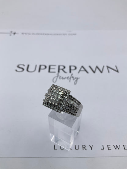 10K White Gold Diamond Cluster Ring with Princess Cut & Baguettes – Size 9.5 – 10g