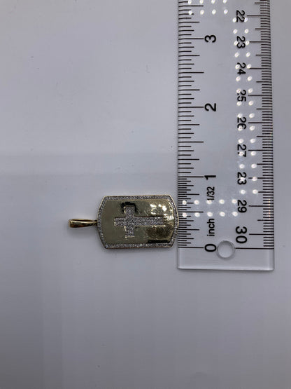 10K Yellow Gold Diamond Cross Dog Tag Pendant 4.6g