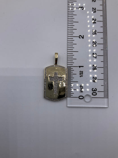 10K Yellow Gold Diamond Cross Dog Tag Pendant 4.6g