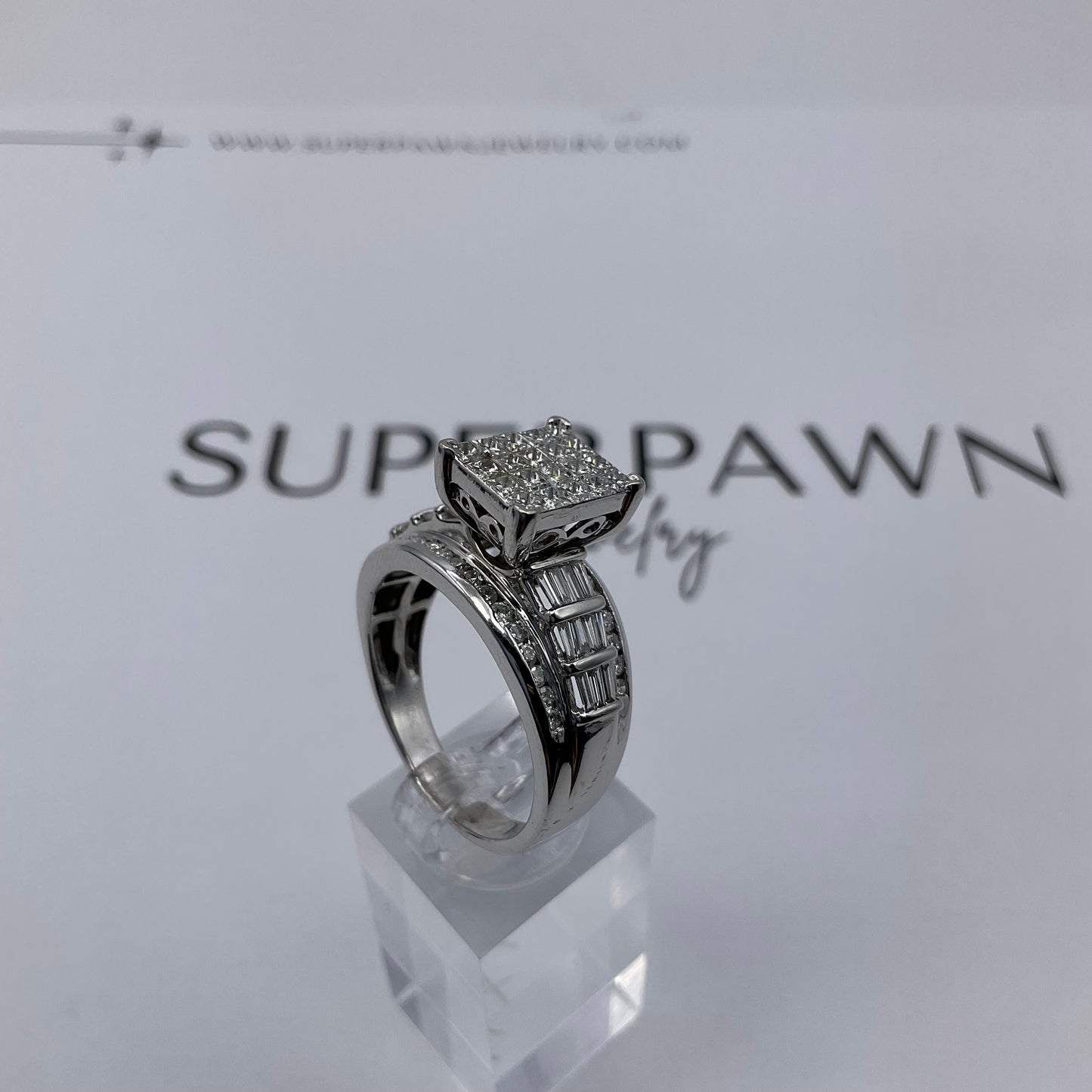 10K White Gold Diamond Cluster Ring with Princess, Baguette & Round Diamonds – Size 11