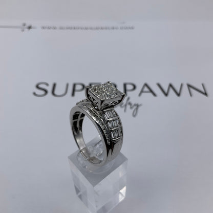 10K White Gold Diamond Cluster Ring with Princess, Baguette & Round Diamonds – Size 11