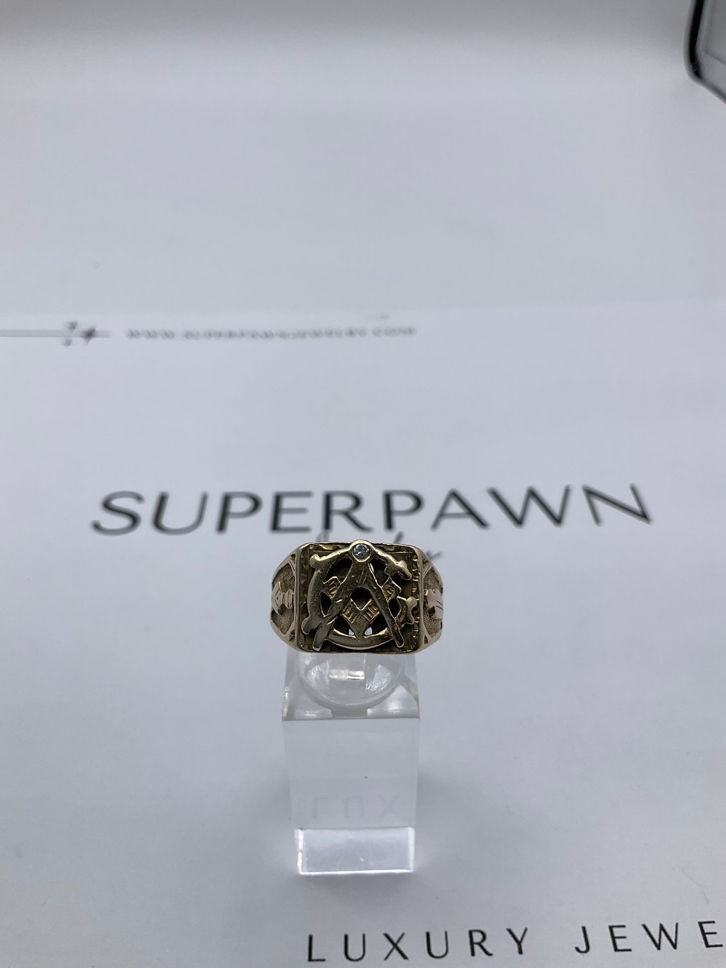 10K Yellow Gold Masonic Compass Ring with Diamond – Size 9.5 – 7.1g