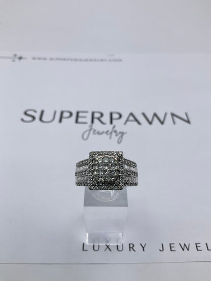 10K White Gold Diamond Cluster Ring with Princess Cut & Baguettes – Size 9.5 – 10g