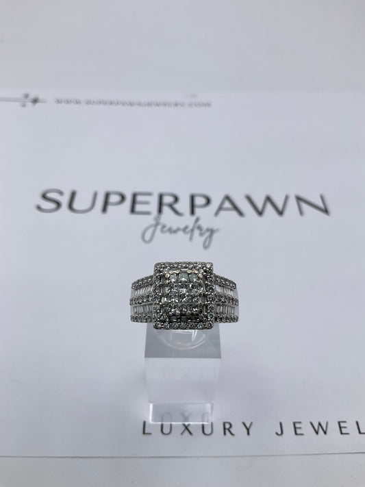 10K White Gold Diamond Cluster Ring with Princess Cut & Baguettes – Size 9.5 – 10g