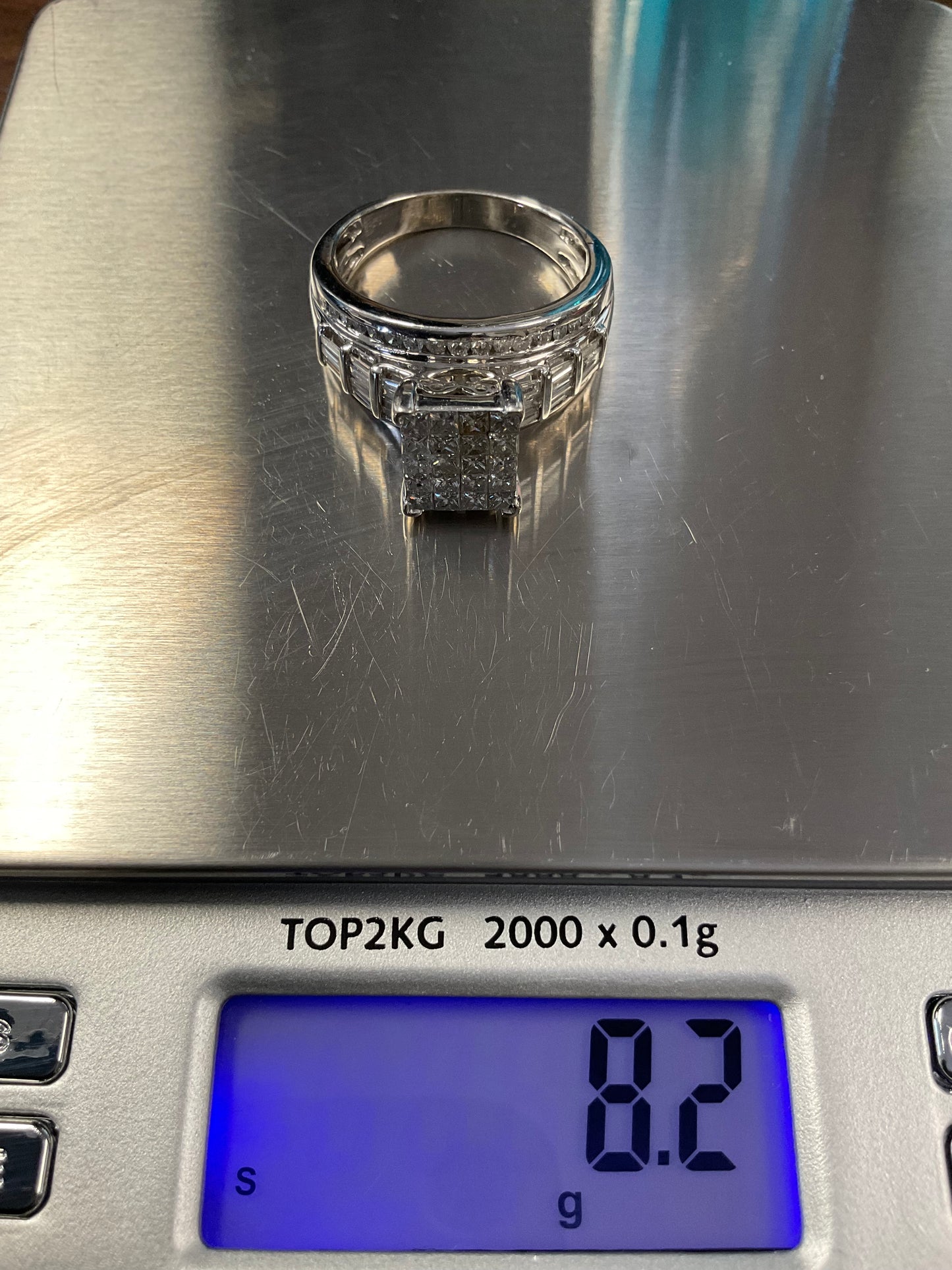 10K White Gold Diamond Cluster Ring with Princess, Baguette & Round Diamonds – Size 11