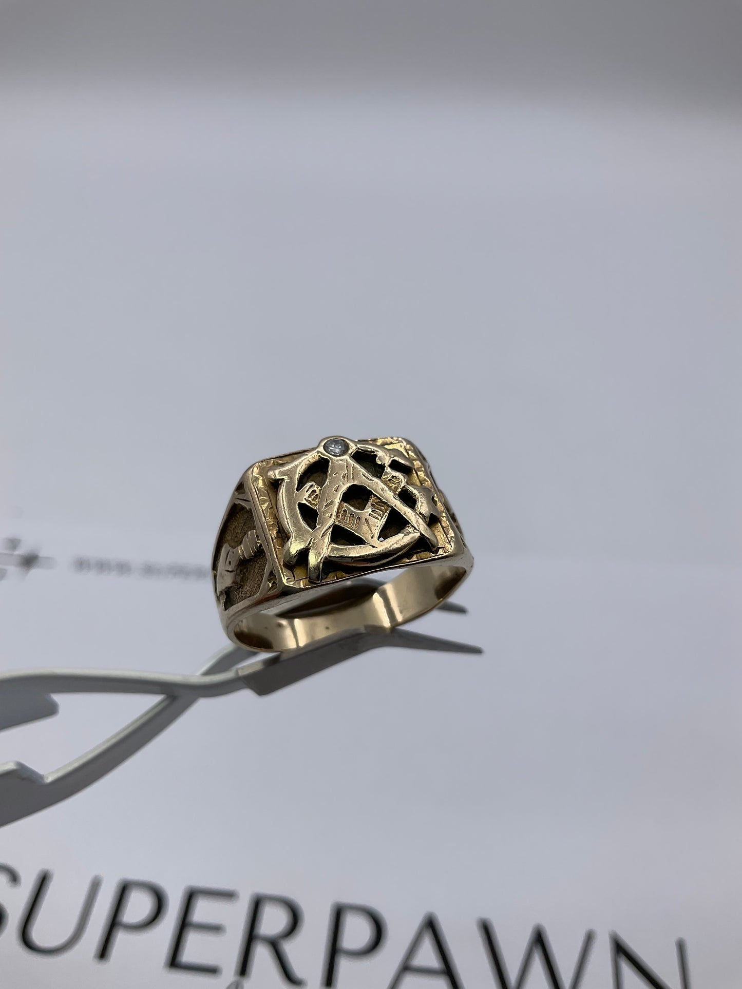 10K Yellow Gold Masonic Compass Ring with Diamond – Size 9.5 – 7.1g